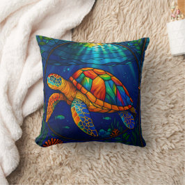 Vibrant Stained Glass Sea Turtle Ocean Design Kissen