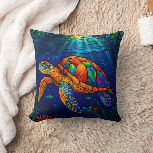 Vibrant Stained Glass Sea Turtle Ocean Design Kissen (Decke)