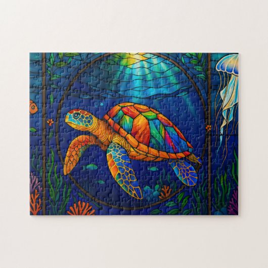 Vibrant Stained Glass Sea Turtle Ocean Design Puzzle (Horizontal)