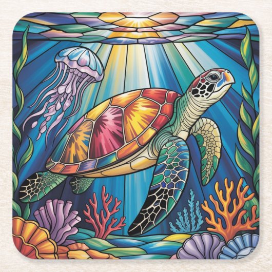 Vibrant Stained Glass Sea Turtle Ocean Design Rechteckiger Pappuntersetzer (Vorderseite)