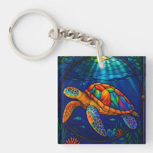 Vibrant Stained Glass Sea Turtle Ocean Design Schlüsselanhänger (Vorderseite)
