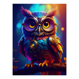 Vibrant Steampunk Owl with Goggles and Intricate Poster
