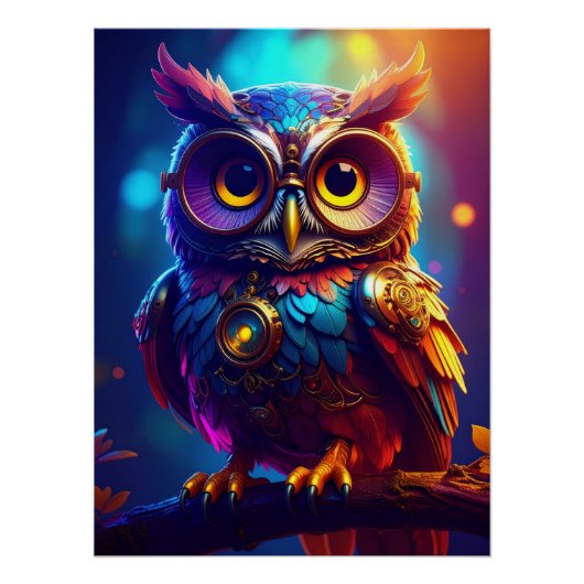 Vibrant Steampunk Owl with Goggles and Intricate Poster (Vorderseite)