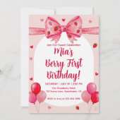 Vibrant Strawberry Coquette Bow Berry 1st Birthday Einladung (Vorderseite)