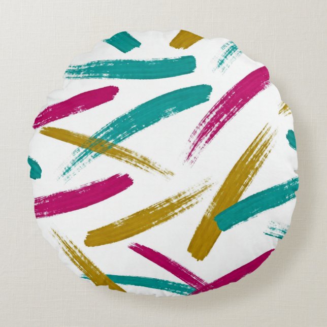 Vibrant Strokes,Teal, Magenta & Mustard pattern Rundes Kissen (Vorderseite)