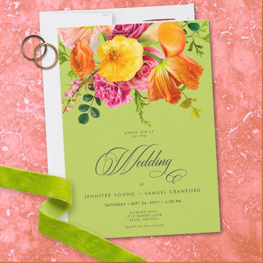 Vibrant Summer Floral Lime Orange Pink Wedding Einladung