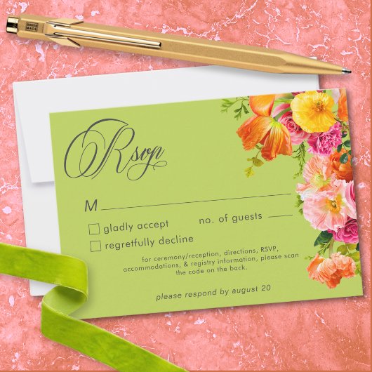 Vibrant Summer Floral Lime Orange Pink Wedding RSVP Karte