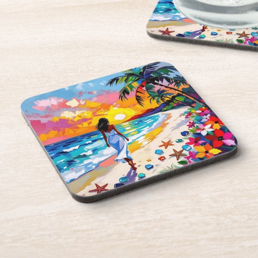 Vibrant Sunset Abstract Beach Scene   Getränkeuntersetzer (Linke Seite)