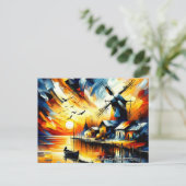 Vibrant Sunset Harbor Windmill Feiertagspostkarte (Stehend Vorderseite)