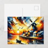 Vibrant Sunset Harbor Windmill Feiertagspostkarte (Vorne/Hinten)