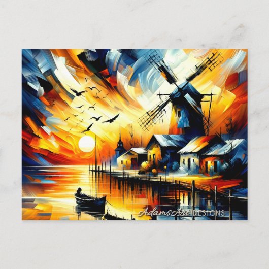 Vibrant Sunset Harbor Windmill Feiertagspostkarte (Vorderseite)