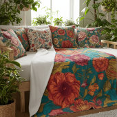 Vibrant Teal and Orange Floral Fleecedecke