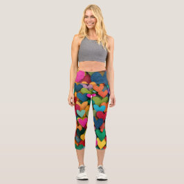 Vibrant Textured Heart Mosaic Capri Leggings