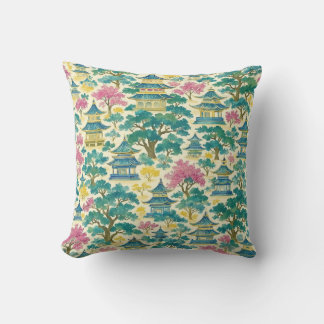 Vibrant Watercolor Chinoiserie Gold Pagoda Pattern Kissen