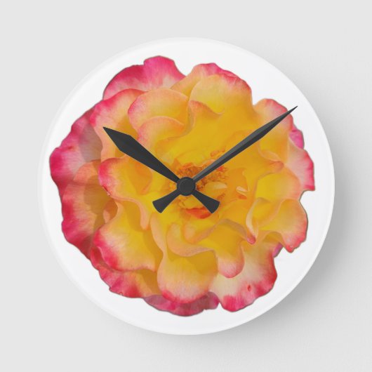 Vibrant Yellow and Pink Rose Wall Clock Runde Wanduhr (Vorderseite)