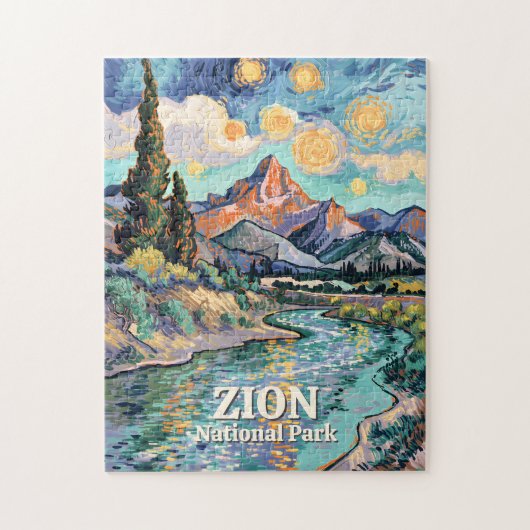 Vibrant Zion River Sunset Retro Van Gogh Watchman Puzzle (Vertikal)