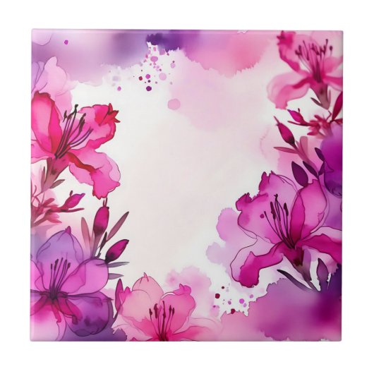 Vibrany Azalea Floral Wasserfarbe Fliese (Vorderseite)