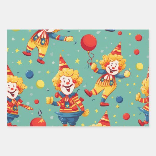 Vibrany Happy Birthday Clowns Pattern Geschenkpapier Set (Vorderseite 3)