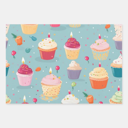 Vibrany Happy Birthday Cupcakes Pattern Geschenkpapier Set (Vorderseite 2)