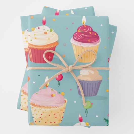 Vibrany Happy Birthday Cupcakes Pattern Geschenkpapier Set (Beispiel)