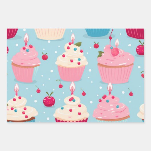 Vibrany Happy Birthday Cupcakes Pattern Geschenkpapier Set (Vorderseite 2)