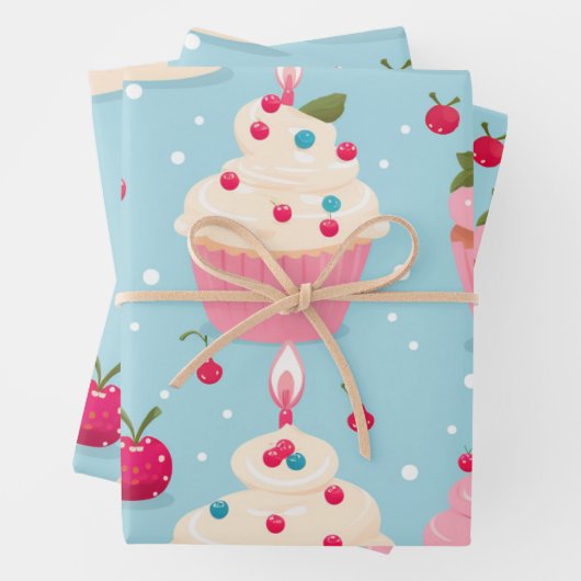 Vibrany Happy Birthday Cupcakes Pattern Geschenkpapier Set (Beispiel)