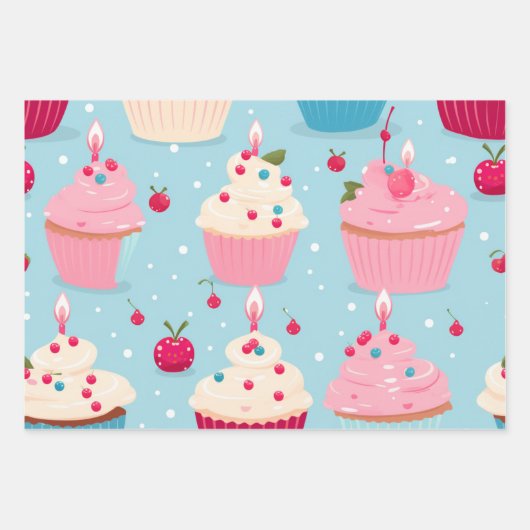 Vibrany Happy Birthday Cupcakes Pattern Geschenkpapier Set (Vorderseite)