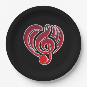 Vibrations Musicalische Liebe Rotes Herz Musiknote Pappteller