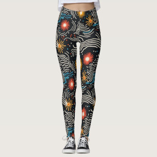 Vibrierende Abstrakte Blütenwellen auf Schwarz Leggings