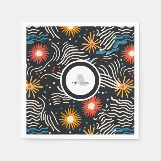 Vibrierende Abstrakte Blütenwellen auf Schwarz Serviette (Vorderseite)