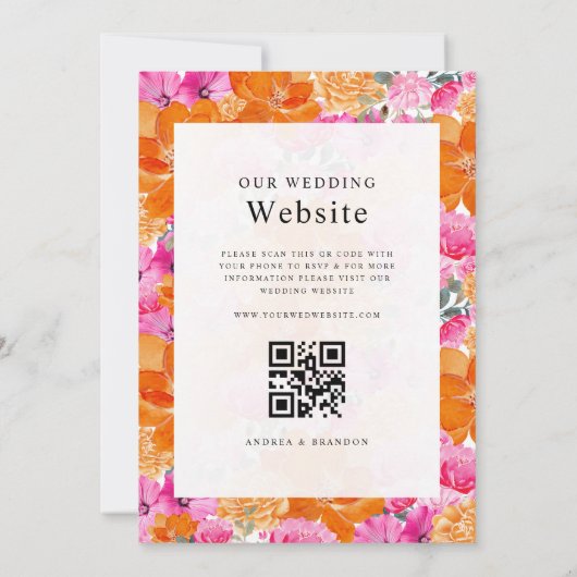 Vibrierende Rosa- und Orangefarbene Blumenhochzeit Einladung (Rückseite)