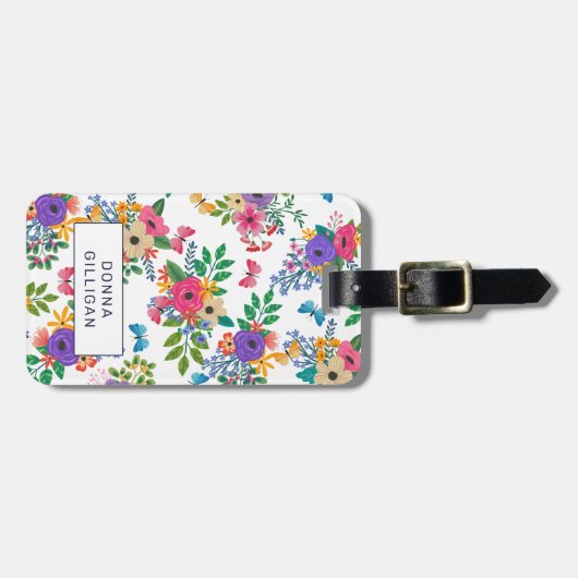 Vibrierender Blumenmuster-Weiß-Hintergrund Gepäckanhänger (Vorderseite horizontal)