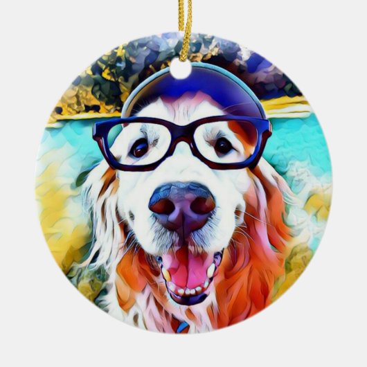 Vibrierendes goldener Retriever-Nerd-Glas-Malen Keramik Ornament (Vorne)