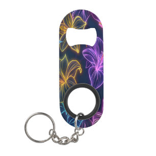 Vibrierendes Neon Floral Muster auf dunklem Hinter Mini Flaschenöffner