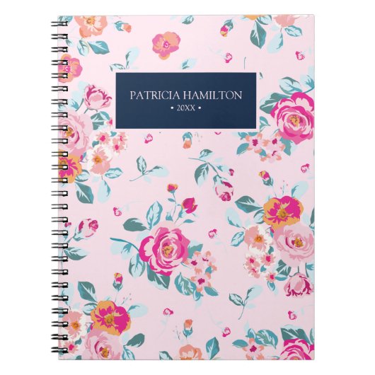 Vibrierendes rosa Rosen Vintages Blumenmuster auf Notizblock (Vorderseite)