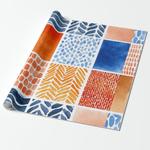 Vibrierendes Watercolor Grid Muster in Blau & Oran Geschenkpapier