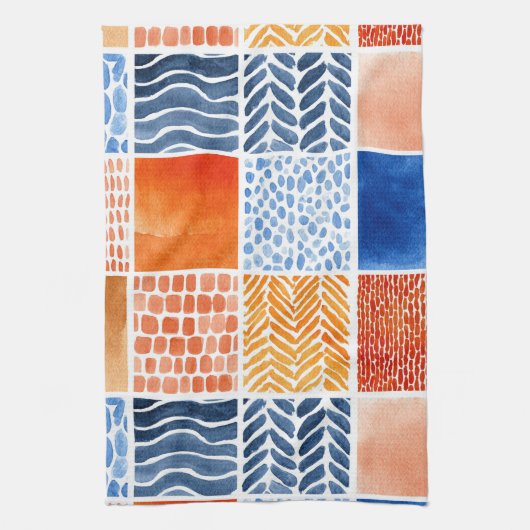 Vibrierendes Watercolor Grid Muster in Blau & Oran Geschirrtuch (Vertikal)