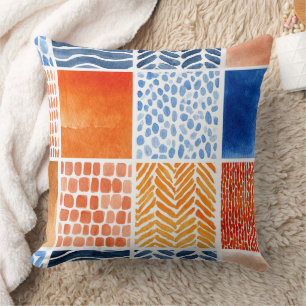 Vibrierendes Watercolor Grid Muster in Blau & Oran Kissen