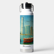 Victoria Harbor Hong Kong Retro Skyline Water Bott