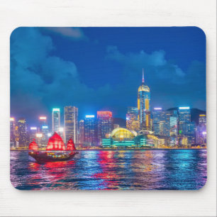 Victoria Harbour & Hong Kong Skyline bei Nacht Mousepad