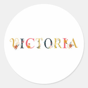 VICTORIA Name Kunst mit bestickten Blume Runder Aufkleber