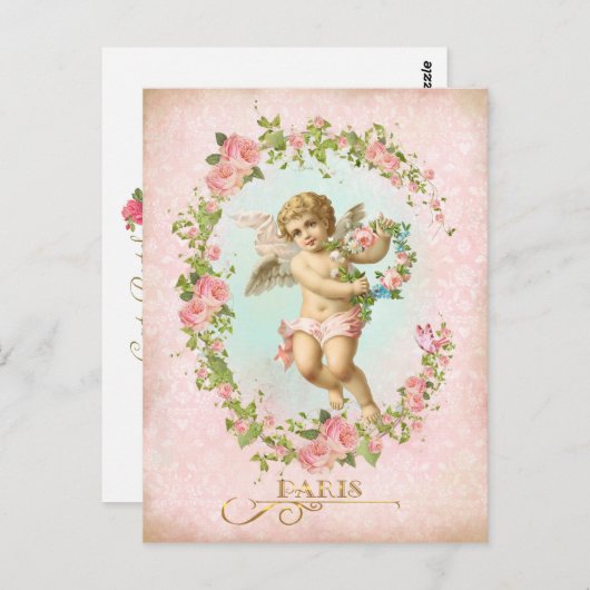 Victorian Angel Pink Rose Frame Postcard Postkarte (Vorne/Hinten)
