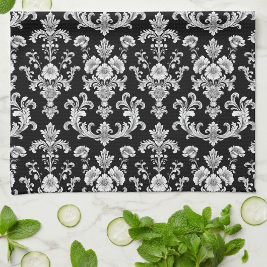 Victorian Black and White Damask Pattern Geschirrtuch (Gefaltet)