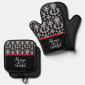 Victorian Black and White Damask Pattern Ofenhandschuh & Topflappen-Set (Vorderseite/Rückseite)