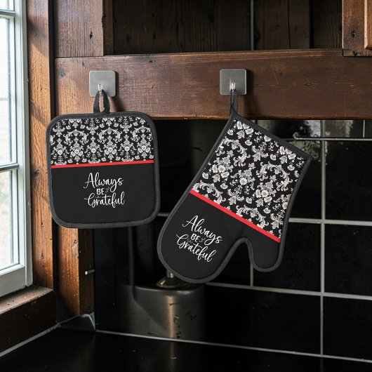 Victorian Black and White Damask Pattern Ofenhandschuh & Topflappen-Set