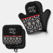 Victorian Black and White Damask Pattern Ofenhandschuh & Topflappen-Set (Vorderseite/Rückseite)