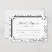 Victorian Black and White Floral Line Art Wedding RSVP Karte (Vorderseite)