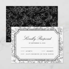 Victorian Black and White Floral Line Art Wedding RSVP Karte