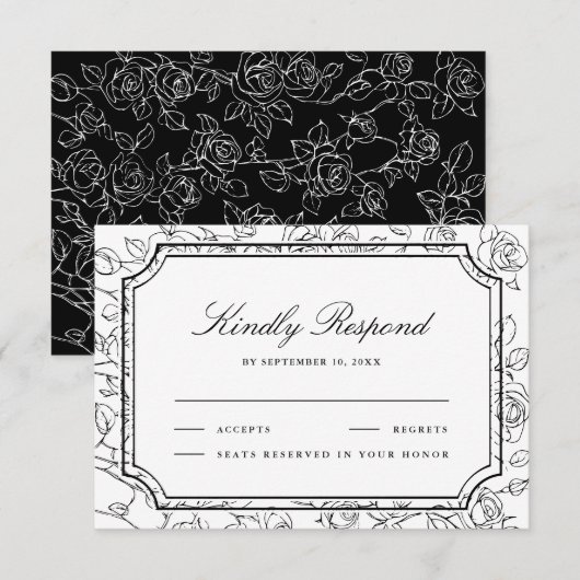 Victorian Black and White Floral Line Art Wedding RSVP Karte (Vorne/Hinten)