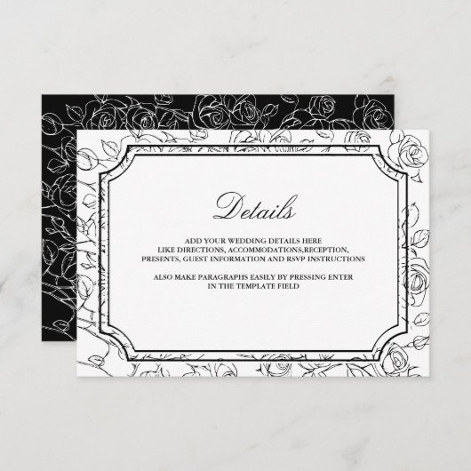 Victorian Black and White Line Art Wedding Details Begleitkarte (Vorne/Hinten)